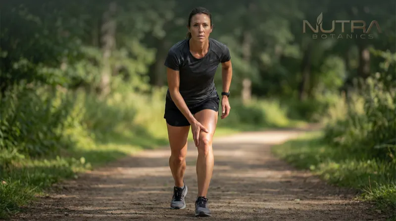 Active woman managing knee discomfort while exercising outdoors