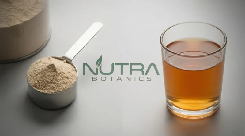 Measuring scoop of powder next to glass of liquid collagen