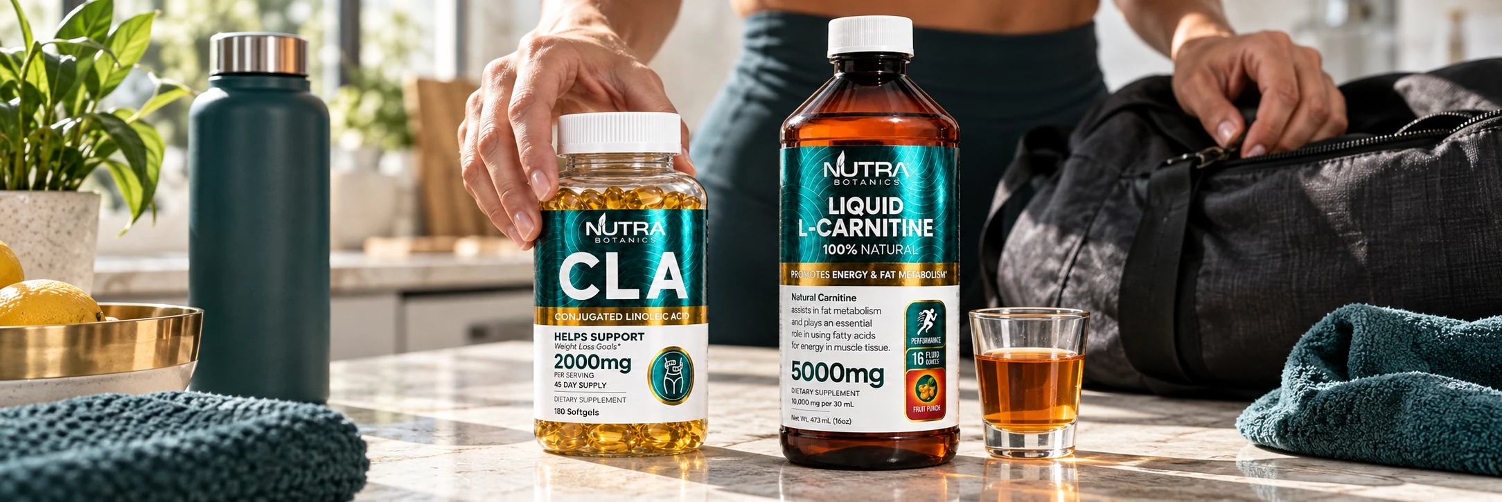 Hands set CLA beside Liquid L-Carnitine and a small amber shot while closing a gym bag on a bright counter.