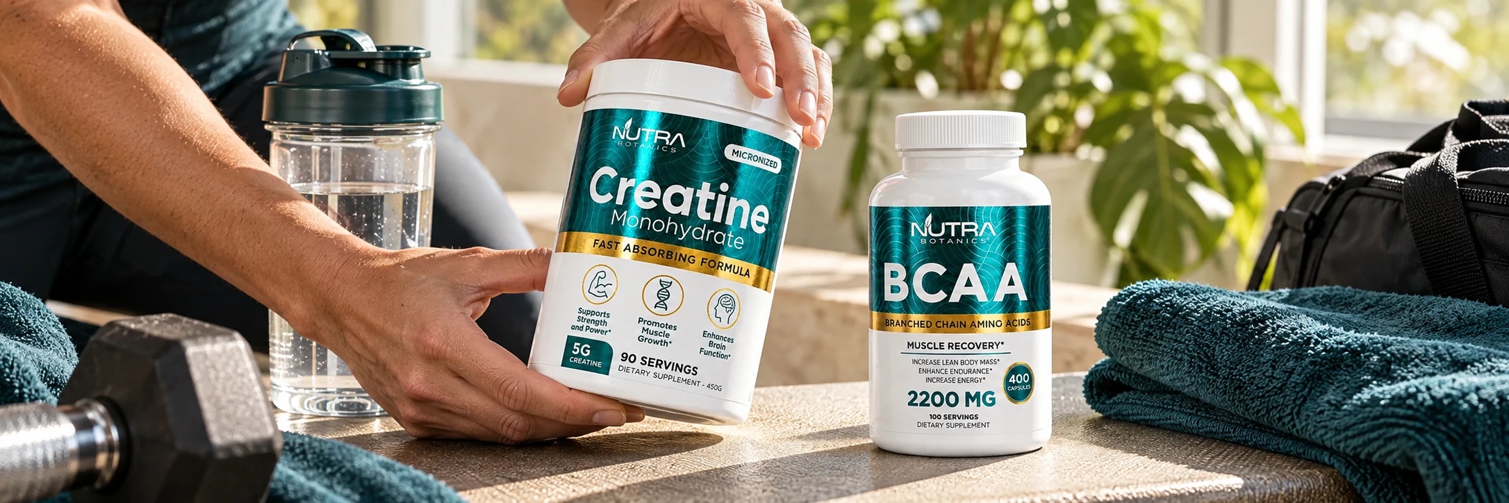 Hands lift a Creatine Monohydrate tub beside BCAA Capsules, a shaker and a towel at a sunny gym bench.