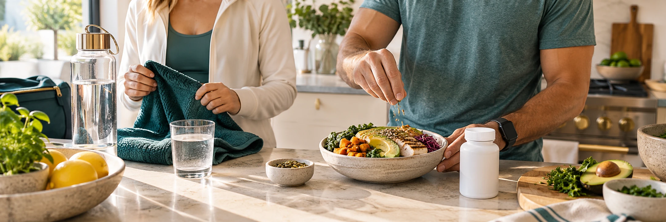 A couple prepares a balanced meal and packs a towel for their daily routine in a bright kitchen.