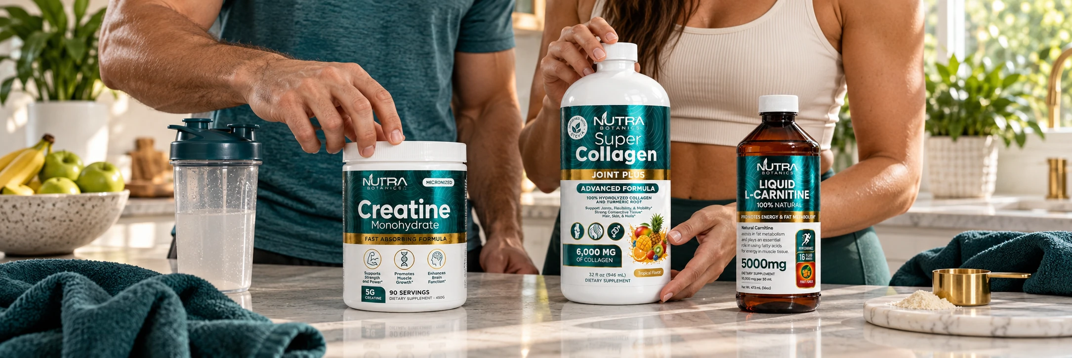 A man and woman prepare their routine with Creatine, Super Collagen and Liquid L-Carnitine in a bright kitchen.