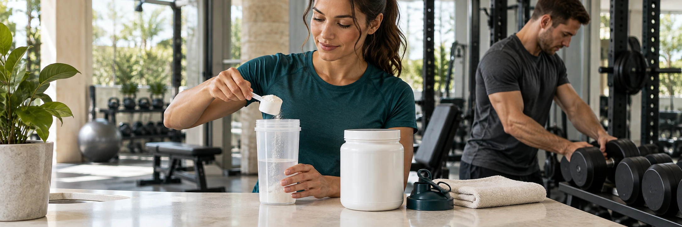 A woman adds powder to a shaker while a man prepares dumbbells in a bright gym.