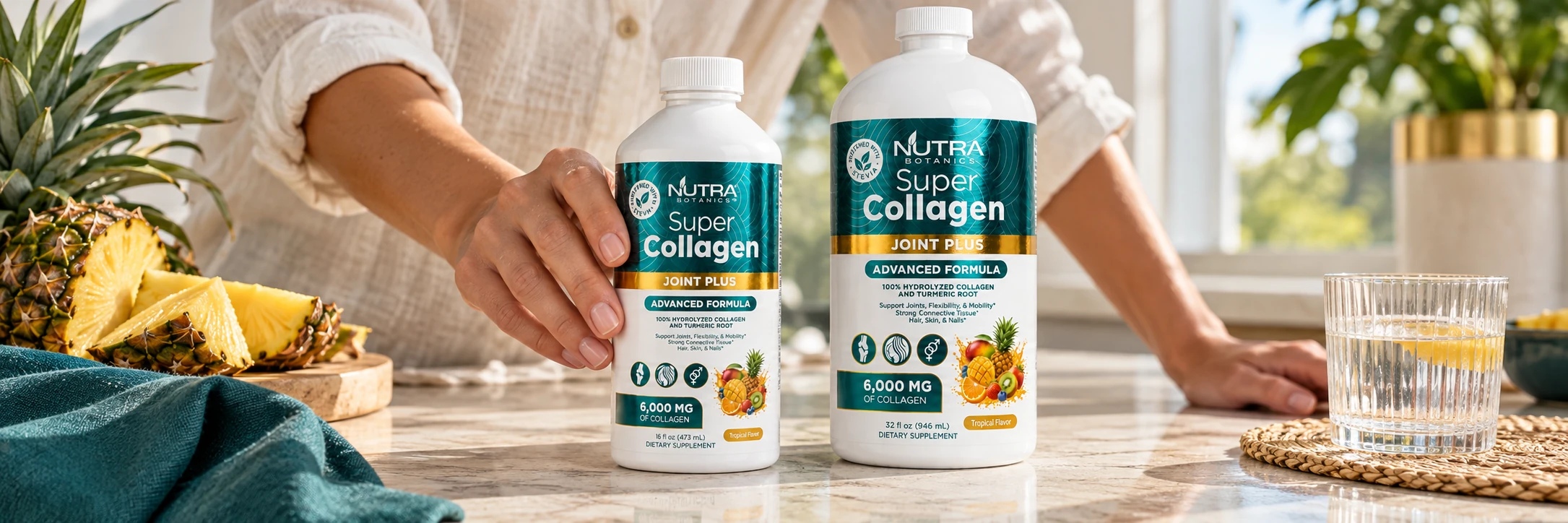 A hand sets the 16 oz Super Collagen bottle beside the larger 32 oz bottle on a sunny kitchen counter.