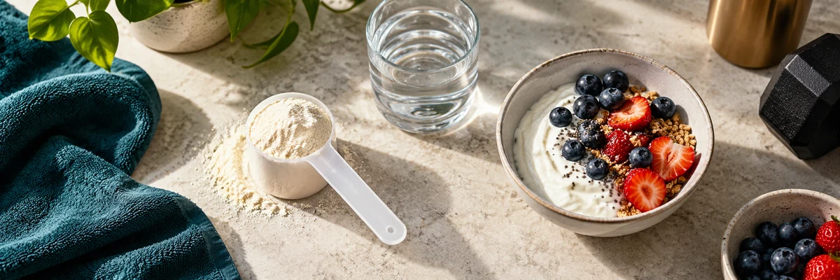 Overhead editorial still life of a white protein scoop, clear water glass and bowl of plain Greek yogurt with berries on cream stone, teal folded towel, three distinct sources without any text.