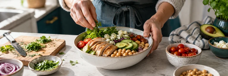 Close view of hands assembling a generous balanced lunch bowl with chickpeas, vegetables and chicken at a sunny kitchen counter, appetizing authentic textures.