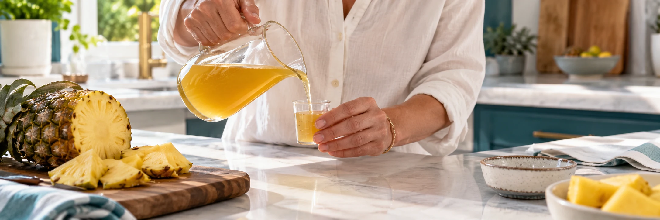 A hand pours a tropical drink into a small glass in a bright kitchen.