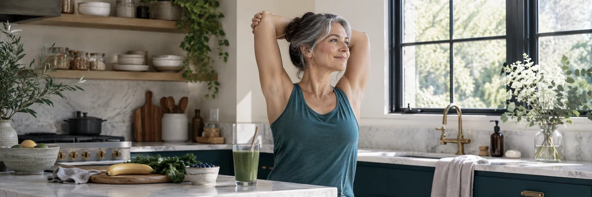 Woman around 50 casually stretching at a sunlit kitchen window with a smoothie on the counter, grey hair highlights, real skin, calm confidence.