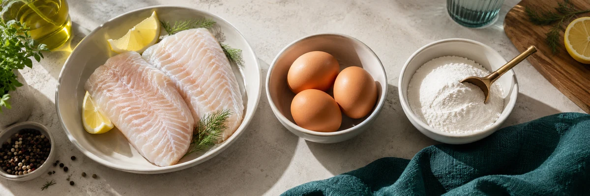 Overhead still life of fish fillet, eggs and white collagen powder in distinct small cream dishes on a pale kitchen counter, natural teal linen accents.