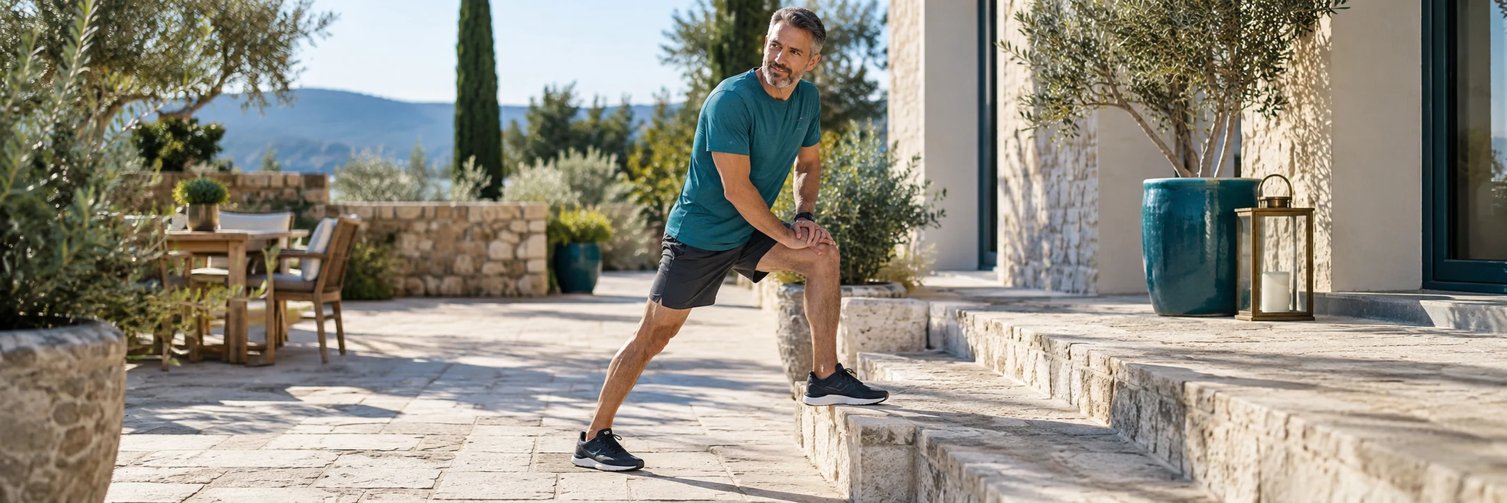 Man around 55 gently stretching his calf against a low stone step outdoors, teal athletic shirt, natural knee bend and healthy routine, bright sunny courtyard.