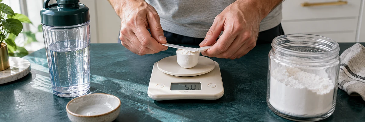 Close realistic hands leveling white powder in a cream scoop above a cream digital kitchen scale on a deep teal counter, small display reads exactly 5.0 g, all key objects centered.
