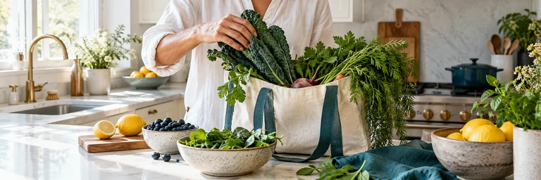 Hand selecting fresh leafy greens from a market tote at bright kitchen counter, lemon and berries, realistic plant details, clean teal linen, no product bottles.