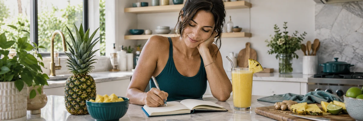 Woman noting her morning routine in an open blank notebook at a kitchen counter beside a tropical drink and pineapple, daylight, authentic hand detail.