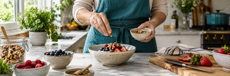 Woman hands preparing a satisfying snack of yogurt, berries and nuts at a bright kitchen counter, ceramic bowl, teal apron, warm realistic food texture.