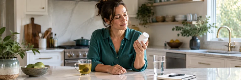 Adult woman at bright kitchen counter carefully reading a plain supplement bottle turned away from camera, green tea and water nearby, teal shirt, no package text.