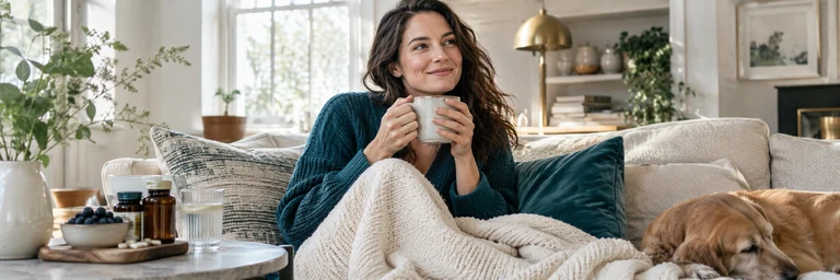 Woman around 30 sitting comfortably on a couch with a warm mug, teal knit top, cream throw, bright gentle natural light, everyday self care without pain theatrics.