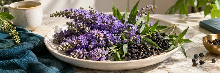 Purple vitex flowers and small dark berries beside a cream dish