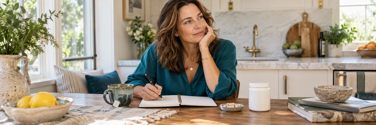 Woman around 43 planning her wellness routine at a sunny kitchen table with herbal tea, blank notebook and plain unbranded supplement jar, teal blouse, candid thoughtful expression.
