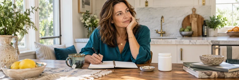 A woman plans her routine with a notebook and supplement jar at a sunny kitchen table