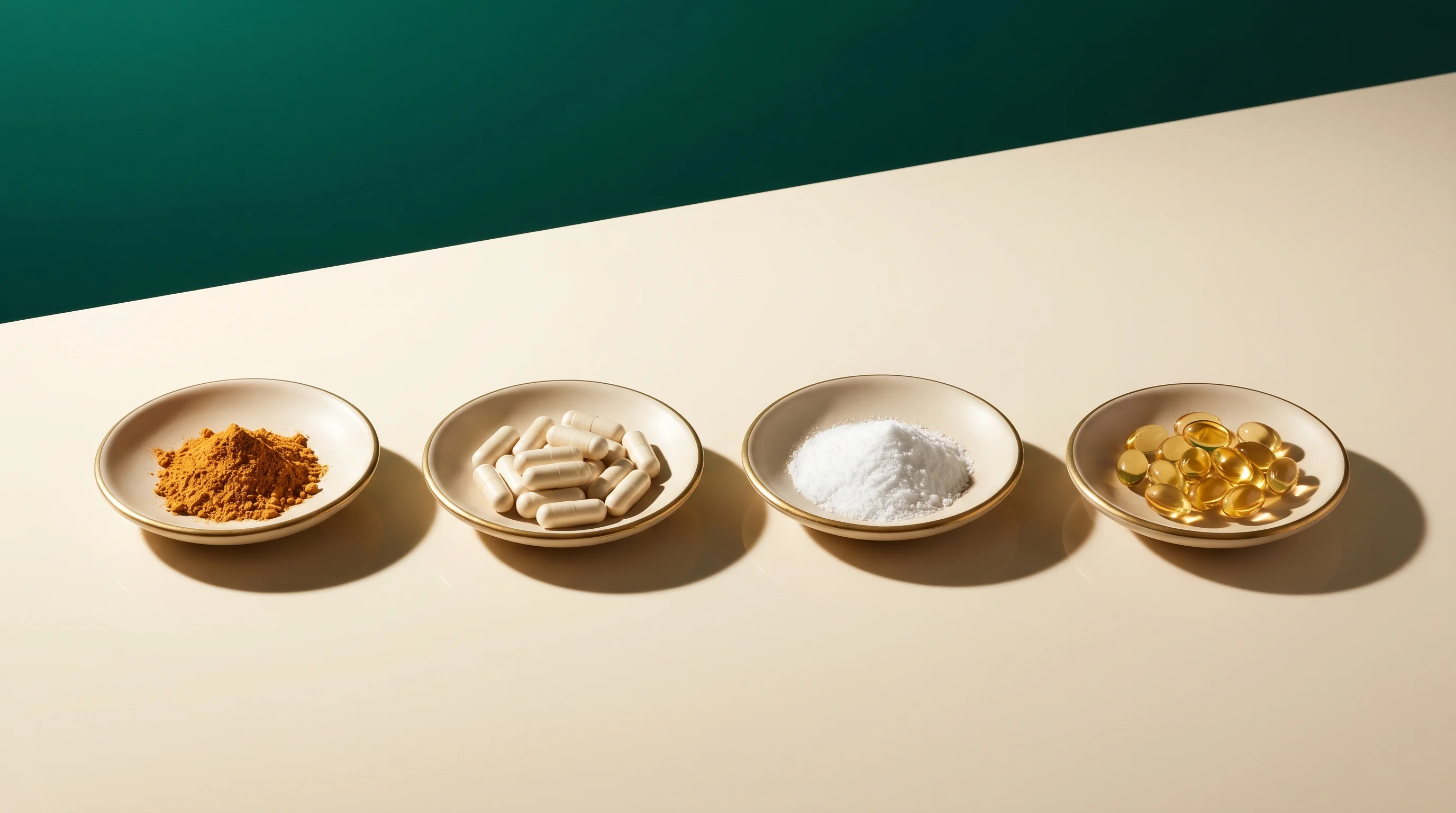 Research ingredient spread — powders, capsules, and softgels on teal and ivory studio backdrop