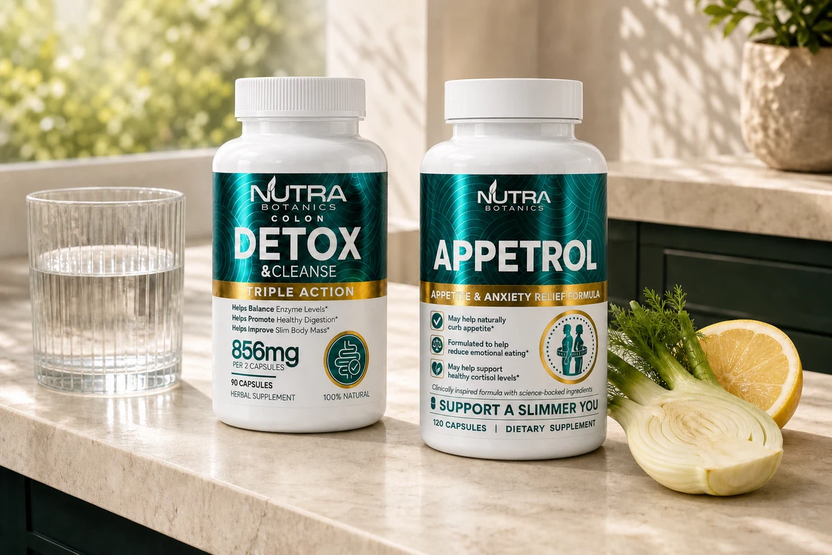 Colon Detox and Appetrol in a bright natural kitchen with fennel and citrus