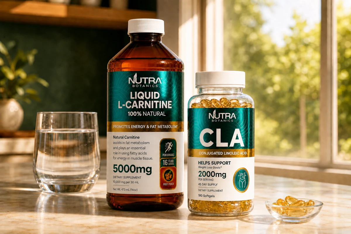 Liquid L-Carnitine and CLA softgels in a warm sunlit morning kitchen