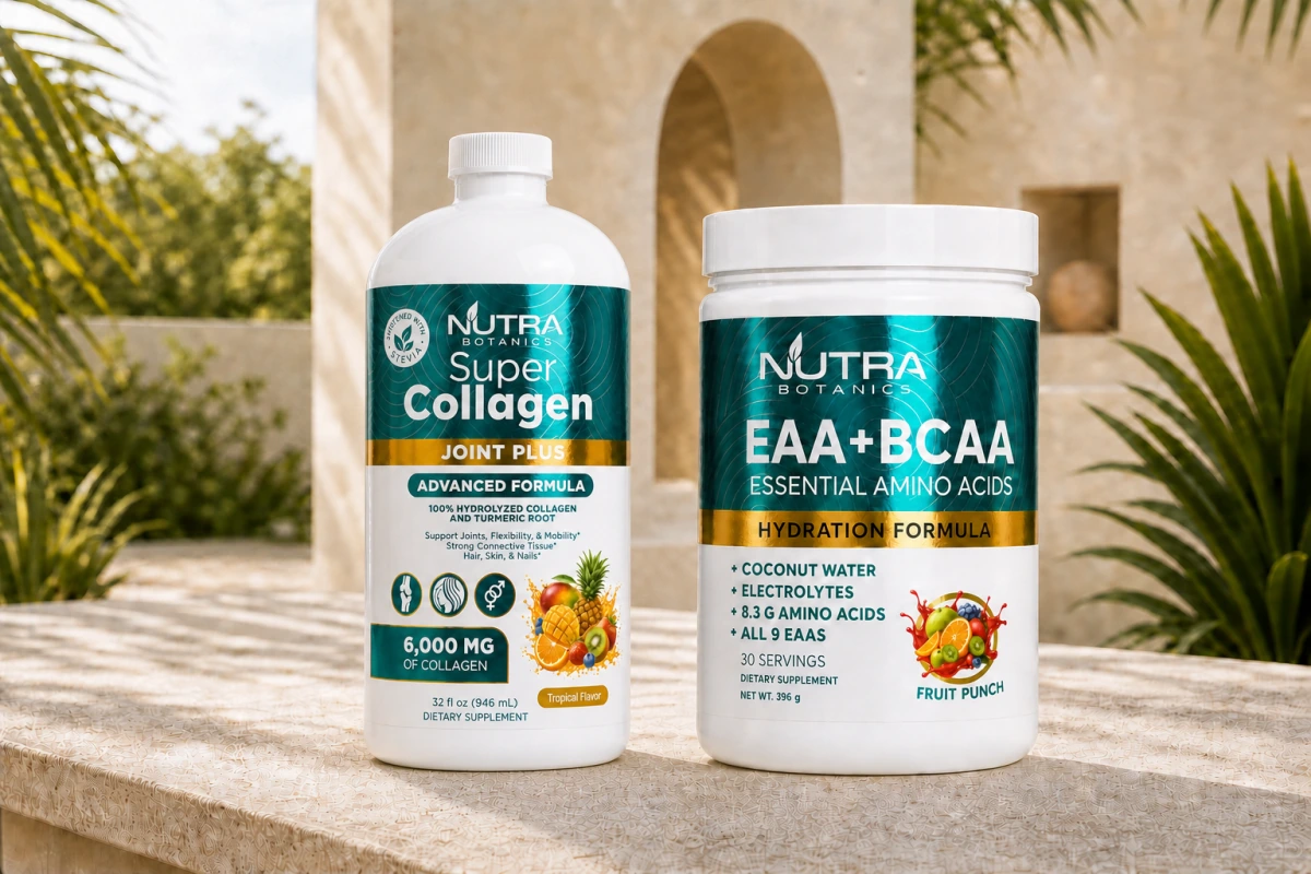 Super Collagen Joint Plus and EAA plus BCAA in a bright tropical recovery setting