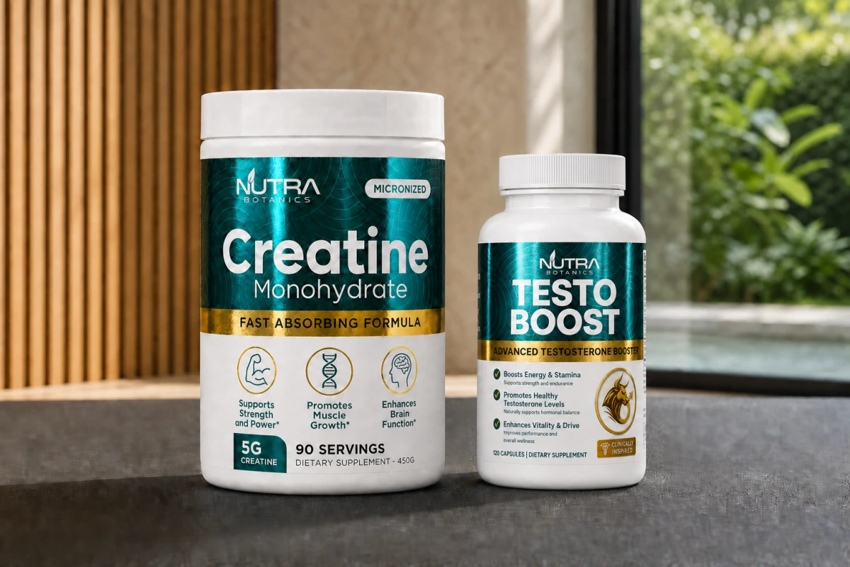 Creatine Monohydrate and Testo Boost in a premium sunlit training space