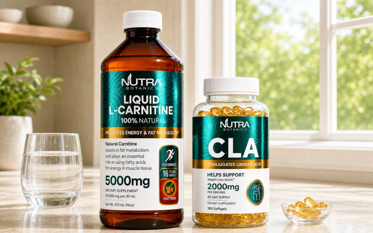 Close product-hero view of Liquid L-Carnitine and CLA Softgels in a bright sunlit morning kitchen