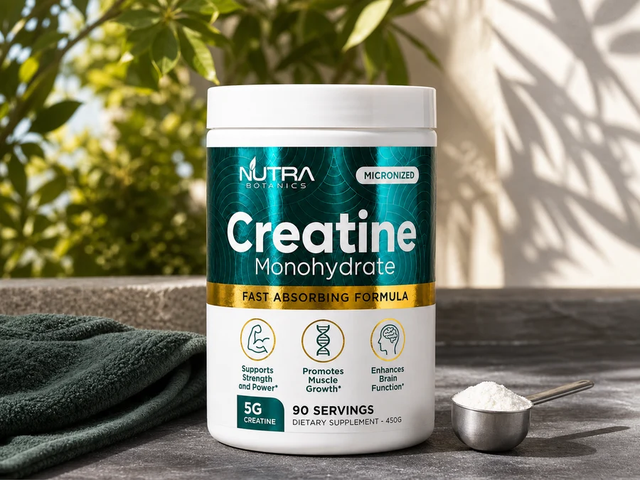 Creatine Monohydrate in a bright natural training setting