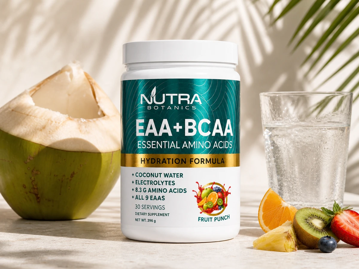 Master-locked EAA plus BCAA Hydration Formula with coconut, fruit, and cold water