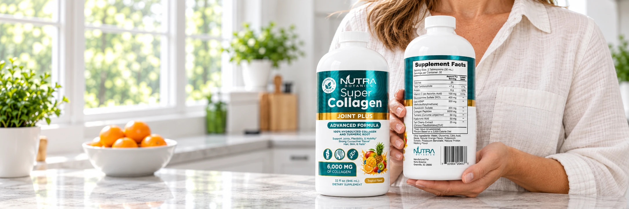 Super Collagen Joint Plus front label alongside a woman holding its Supplement Facts label toward the camera.