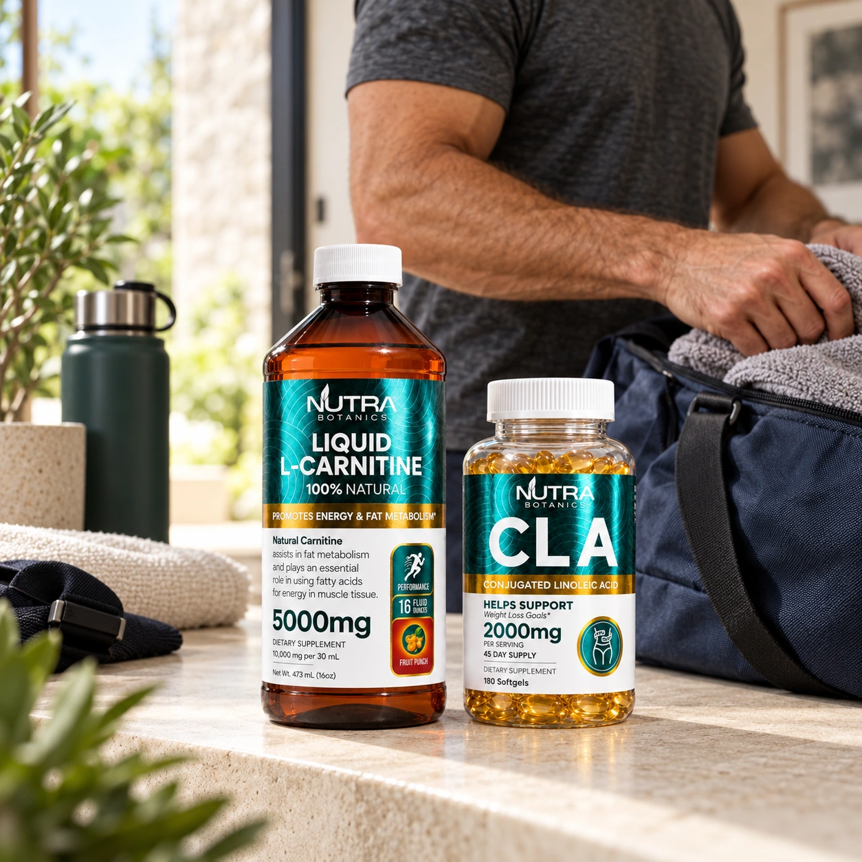 CLA and Liquid L-Carnitine beside a man packing a gym bag