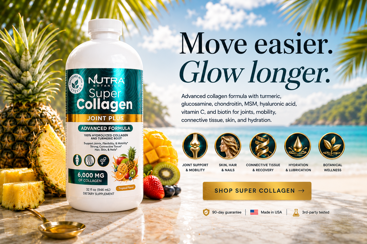 Move easier, glow longer. Super Collagen Joint Plus — hydrolyzed bovine collagen with turmeric, glucosamine, chondroitin, MSM, hyaluronic acid, vitamin C, biotin. Shop Super Collagen.