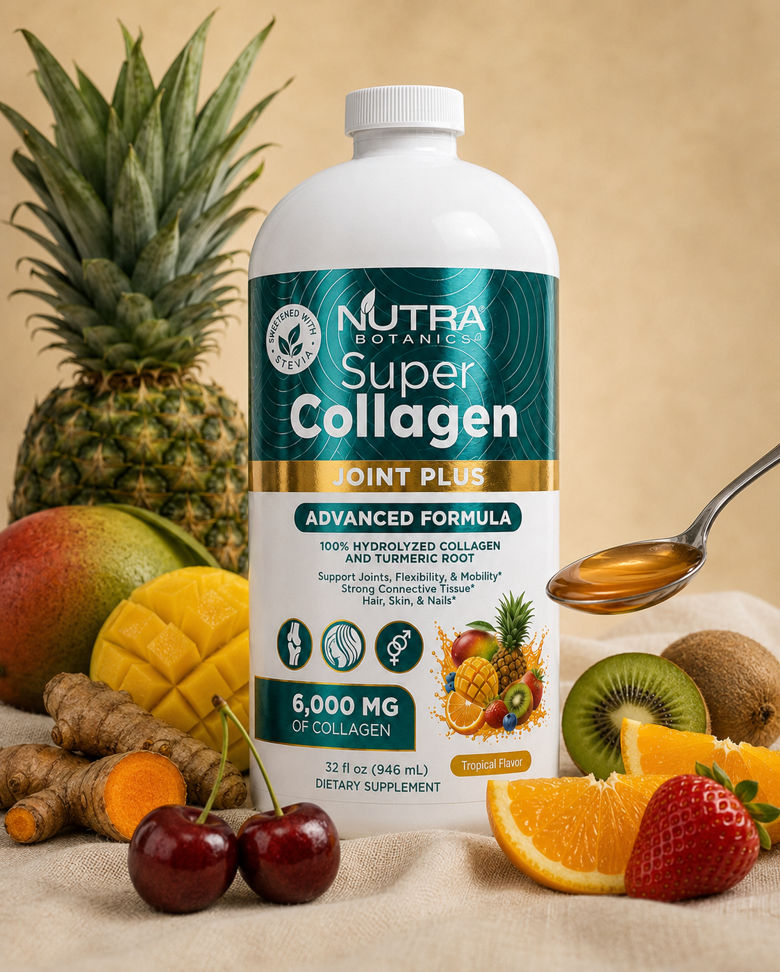 Nutra Botanics Super Collagen Joint Plus 32oz bottle on warm cream linen backdrop, surrounded by pineapple, mango halves, fresh turmeric root, kiwi, orange wedges, strawberries, cherries, and a silver tablespoon catching amber collagen