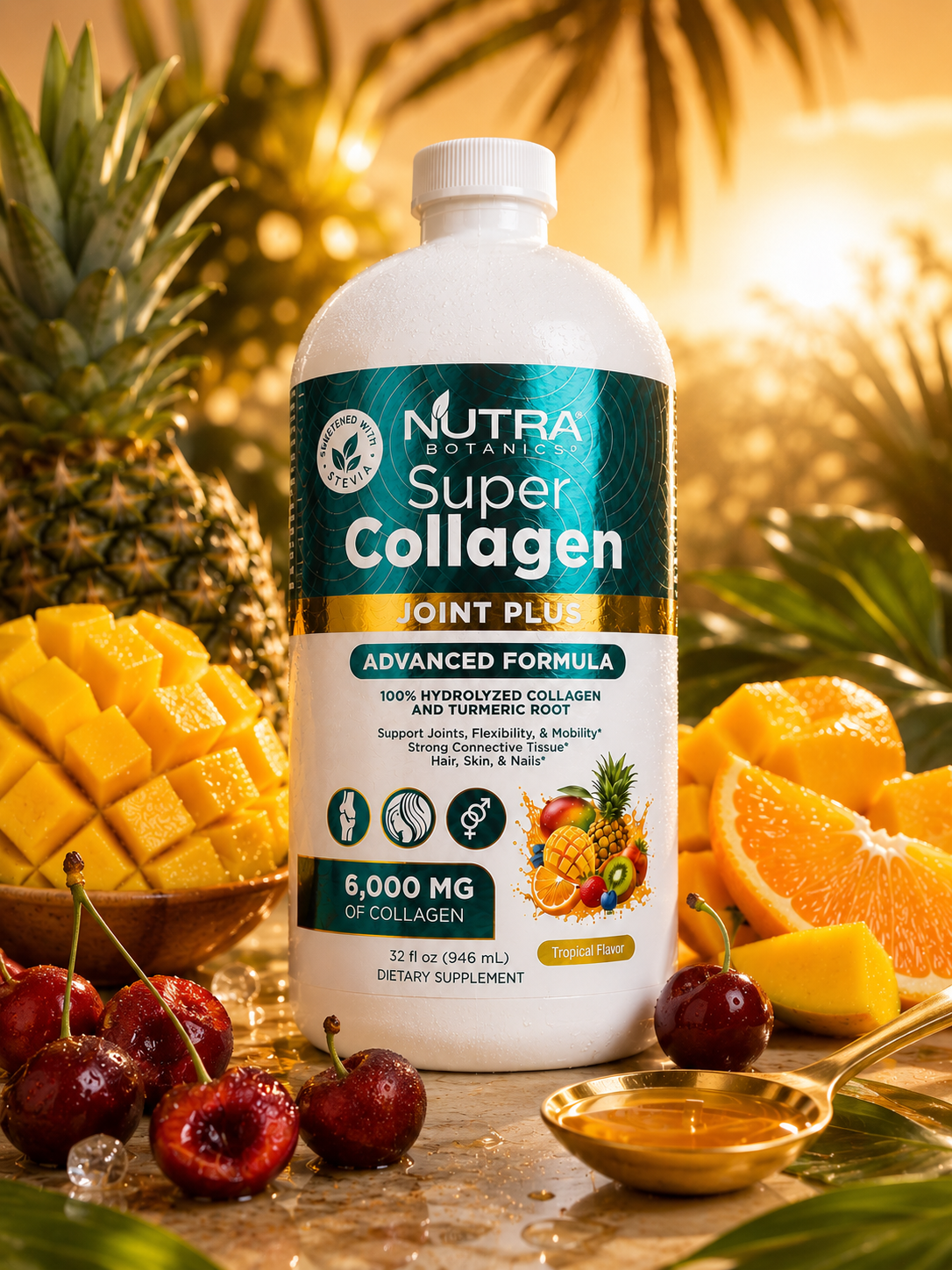 Nutra Botanics Super Collagen Joint Plus 32oz bottle in golden hour sunlight, surrounded by sliced mango, pineapple, orange wedges, cherries, and a tablespoon of amber collagen with palm fronds backlit behind