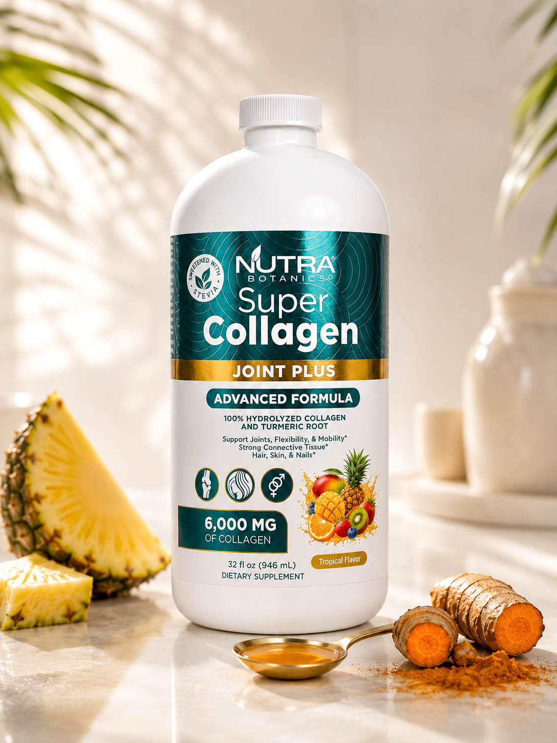 Nutra Botanics Super Collagen Joint Plus 32 fl oz bottle with halved pineapple, fresh turmeric root, and a tablespoon of amber collagen