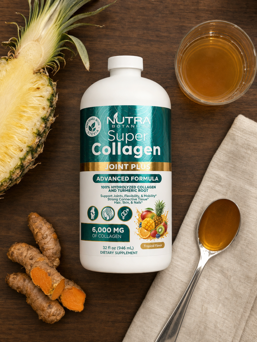 Overhead flat-lay of Nutra Botanics Super Collagen Joint Plus on warm walnut wood with halved pineapple, fresh turmeric root, glass tumbler of amber collagen, and a silver tablespoon serving on cream linen