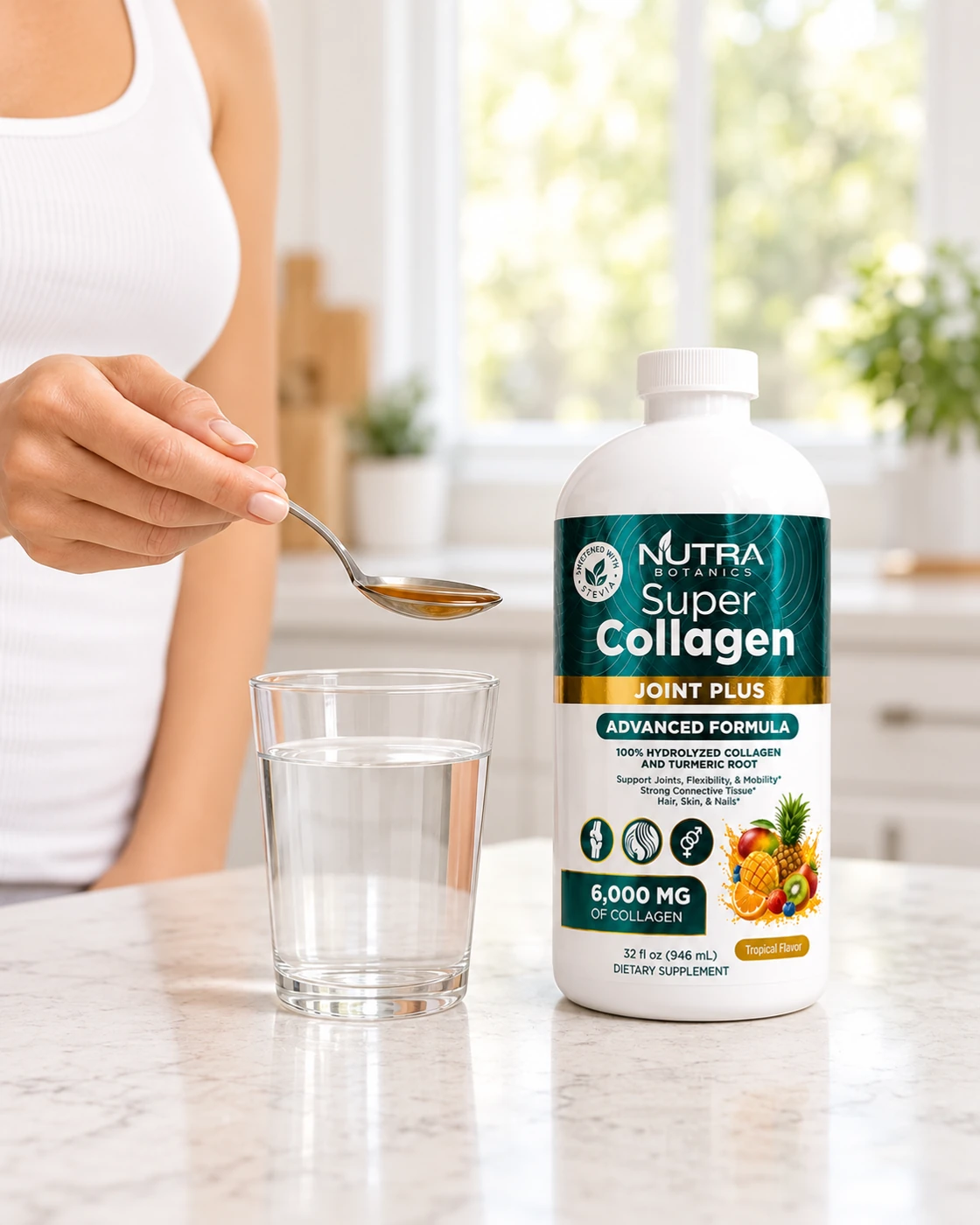 Super Collagen de 32 oz en una escena de rutina