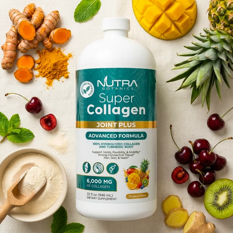 Super Collagen Joint Plus ingredients flat-lay with turmeric root, mango, pineapple, tart cherries, collagen powder, kiwi, ginger
