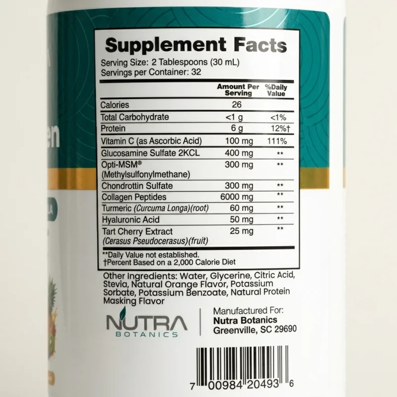 Super Collagen Joint Plus supplement facts label showing 6000mg collagen, turmeric, glucosamine, chondroitin