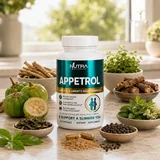 Appetrol bottle with ashwagandha root, rhodiola, green tea leaves and garcinia ingredient flat-lay
