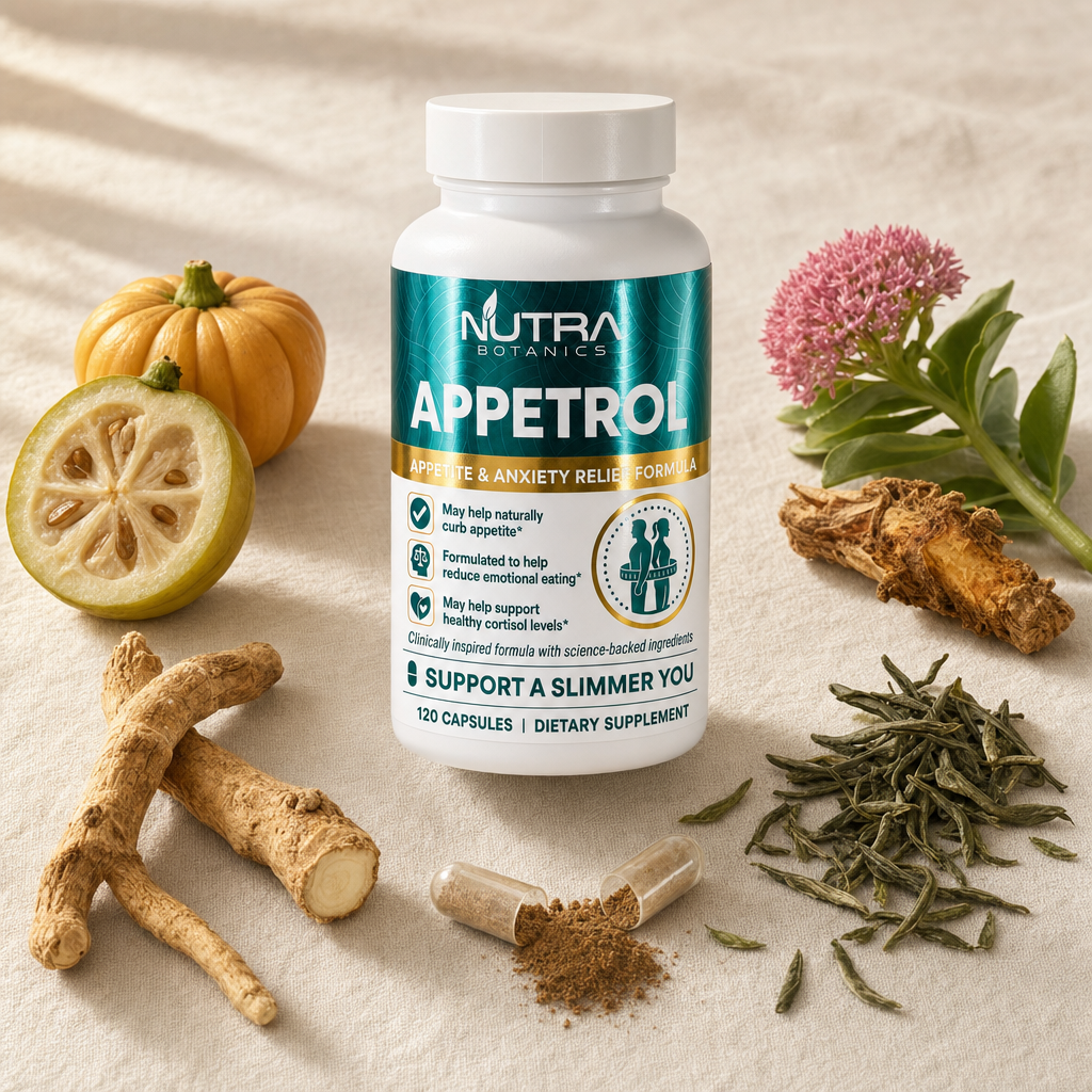 Appetrol bottle with ashwagandha root, rhodiola, green tea leaves and garcinia ingredient flat-lay