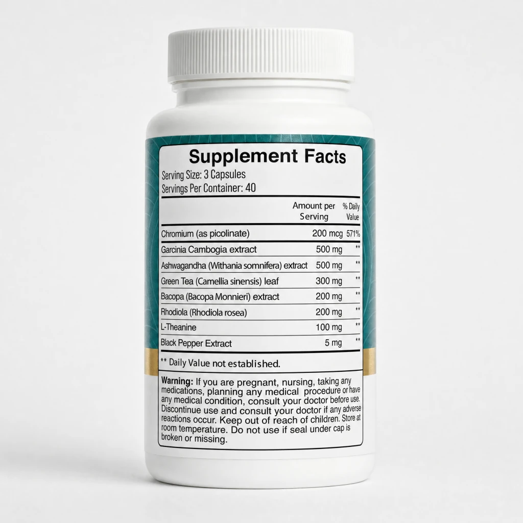 Appetrol supplement facts label showing 500mg ashwagandha, 500mg garcinia, 300mg green tea, 200mg rhodiola, 100mg L-theanine