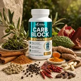 Carb Block bottle with cinnamon, bitter melon, turmeric, cayenne and green coffee bean ingredient flat-lay