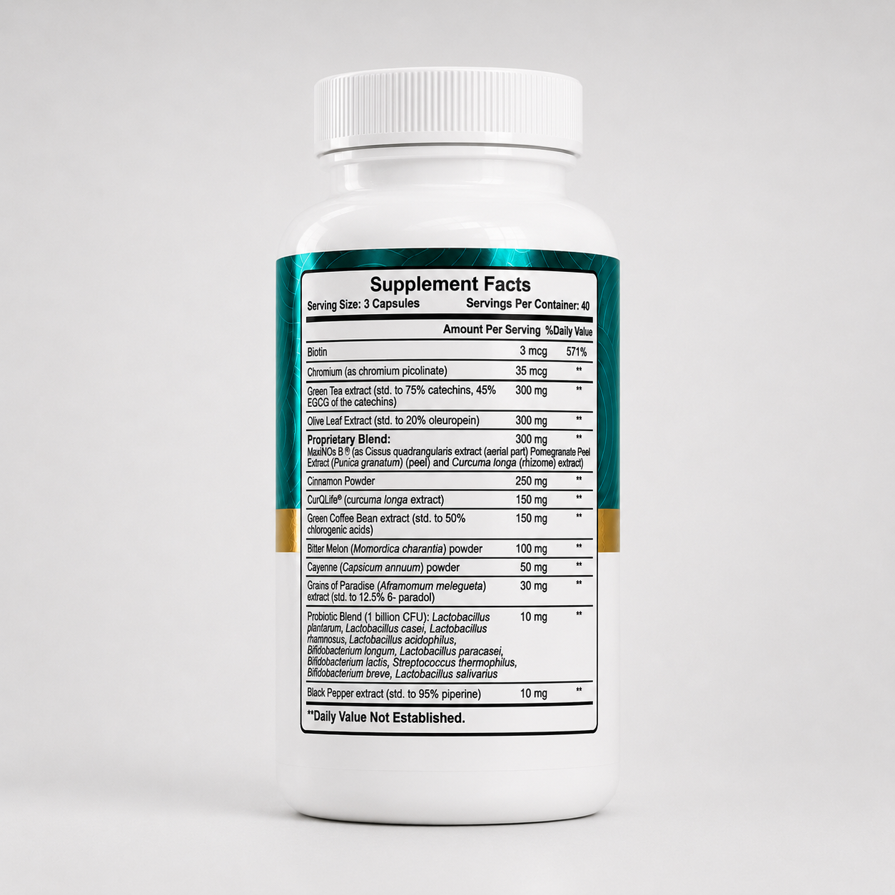 Carb Block supplement facts label showing chromium, biotin, green tea, olive leaf, MaxiNOs B, cinnamon, CurQLife, bitter melon, grains of paradise