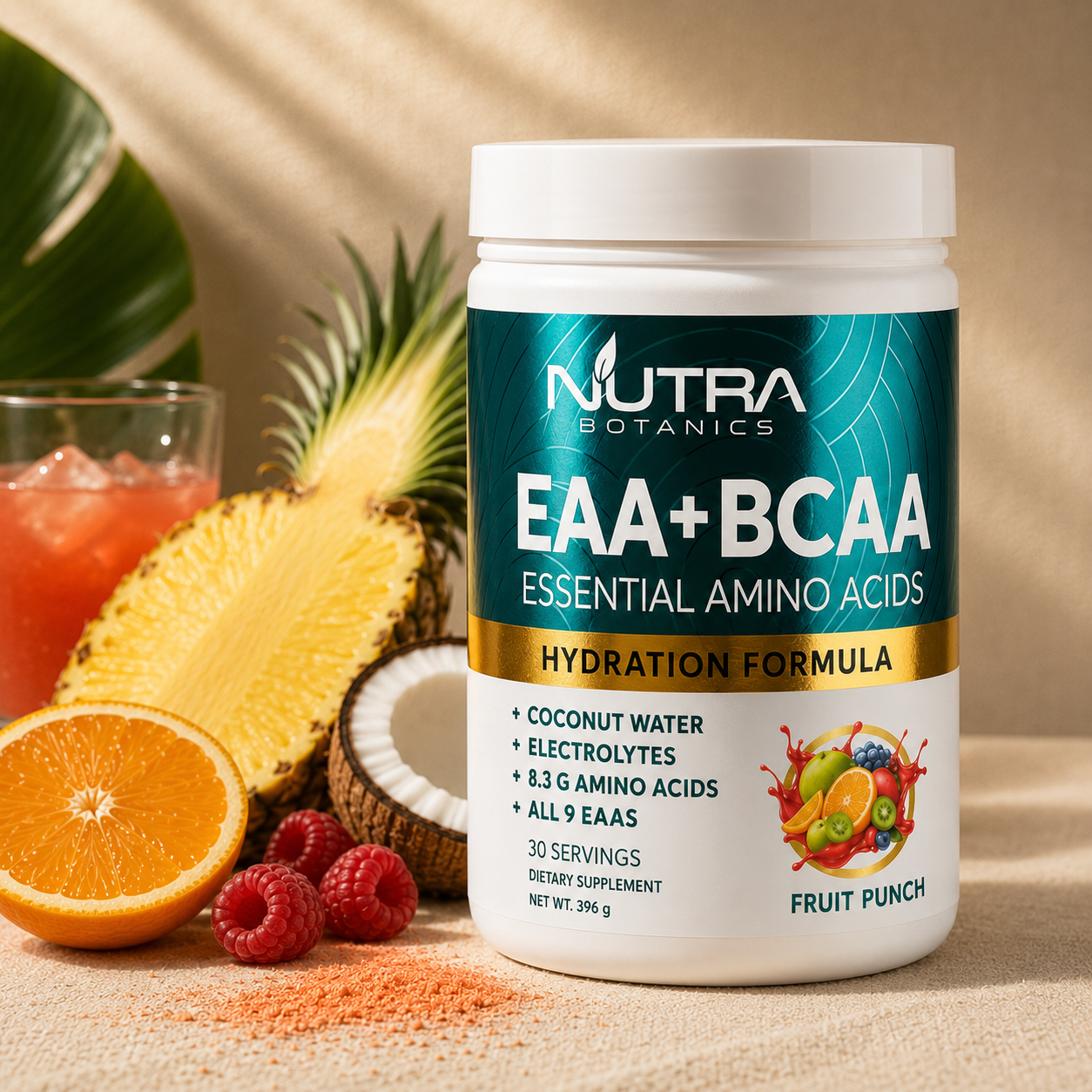 Nutra Botanics EAA + BCAA Hydration Formula tub on warm cream linen with halved pineapple, orange, raspberries, coconut and a glass of fruit-punch electrolyte drink