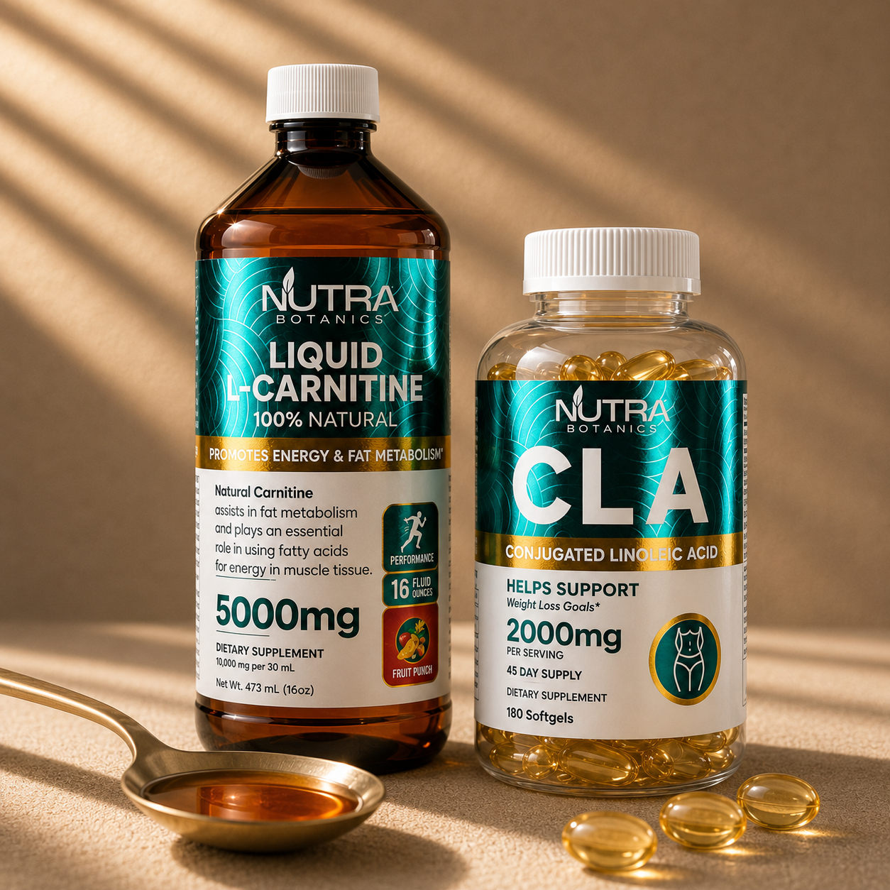 Nutra Botanics Metabolism Stack — Liquid L-Carnitine 5000mg amber bottle and CLA 2000mg softgels styled with golden tablespoon and scattered softgels on warm cream backdrop