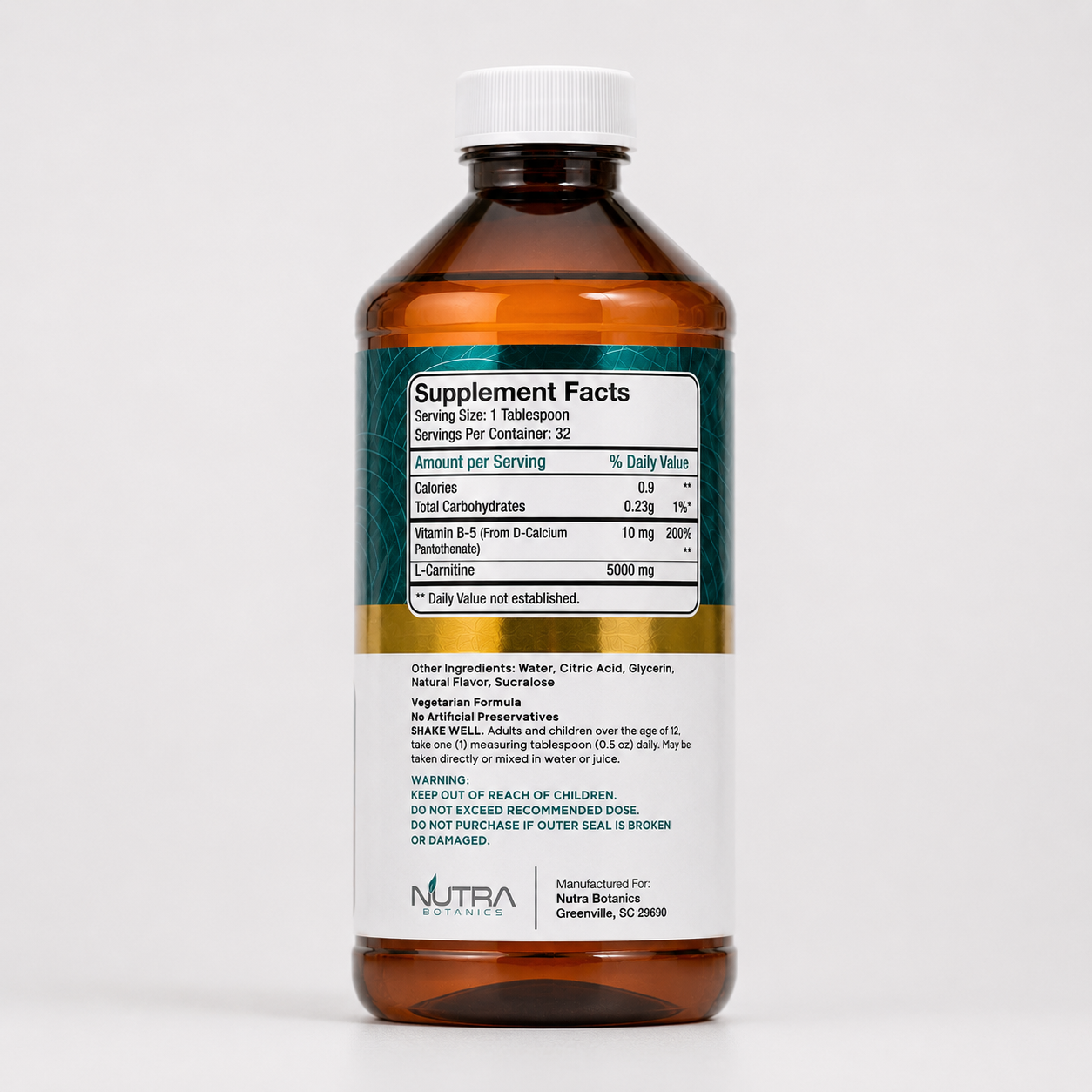 Liquid L-Carnitine supplement facts label showing 5,000mg L-Carnitine and 10mg Vitamin B5