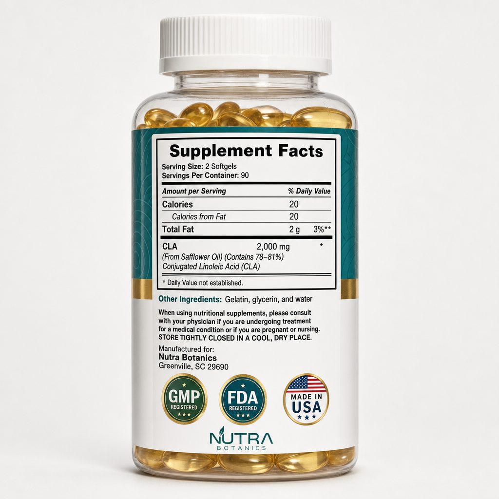 CLA Softgels supplement facts label showing 2,000mg conjugated linoleic acid from safflower oil, 78-81% CLA